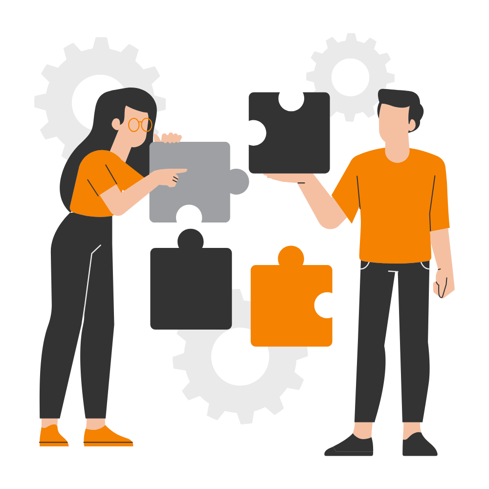 Graphic of two people working together to find a solution